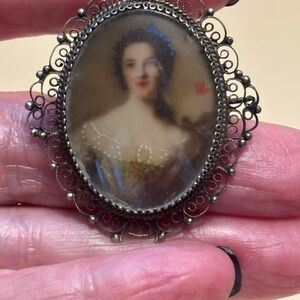 Antique Victorian Hand Painted Portrait Pendant/Brooch 1-5/8”